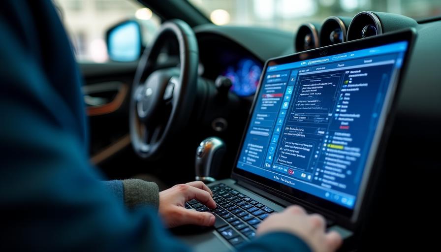 Close-up van een technicus die een laptop verbindt met de OBD-poort van een sportwagen